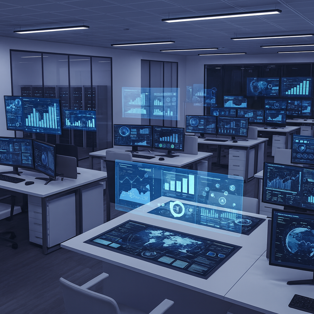 Modern office environment with holographic data analytics displays and futuristic workstations
