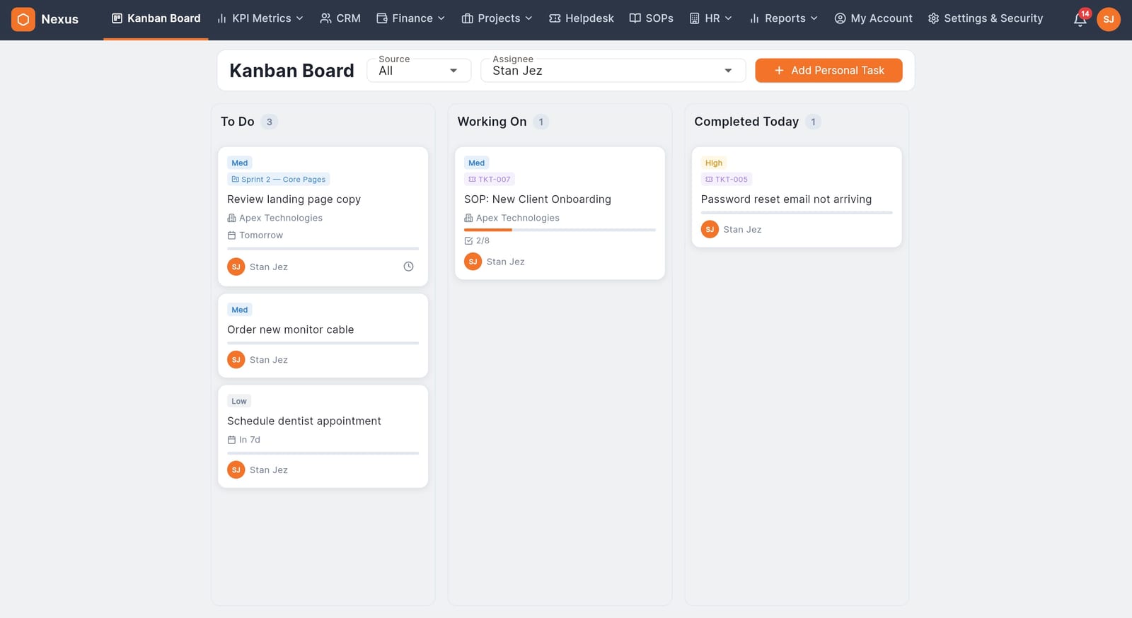 Nexus — a custom business management app built by Jez Digital with Kanban, CRM, finance, and HR modules