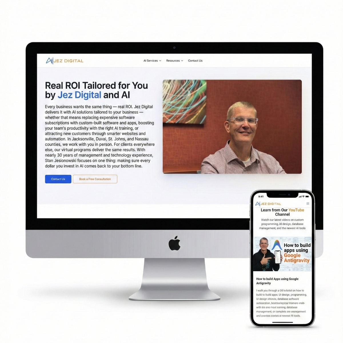 Jez Digital website shown on tablet, laptop, and phone